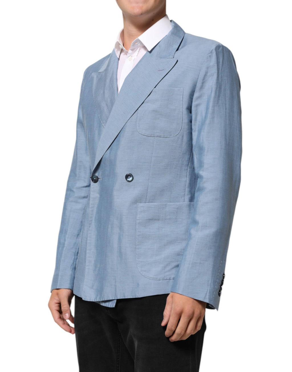 Light Blue Linen Double Breasted Men's Jacket Blazer