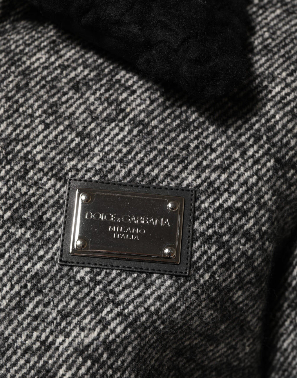Gray Wool Herringbone Shearling Collar Bomber Jacket