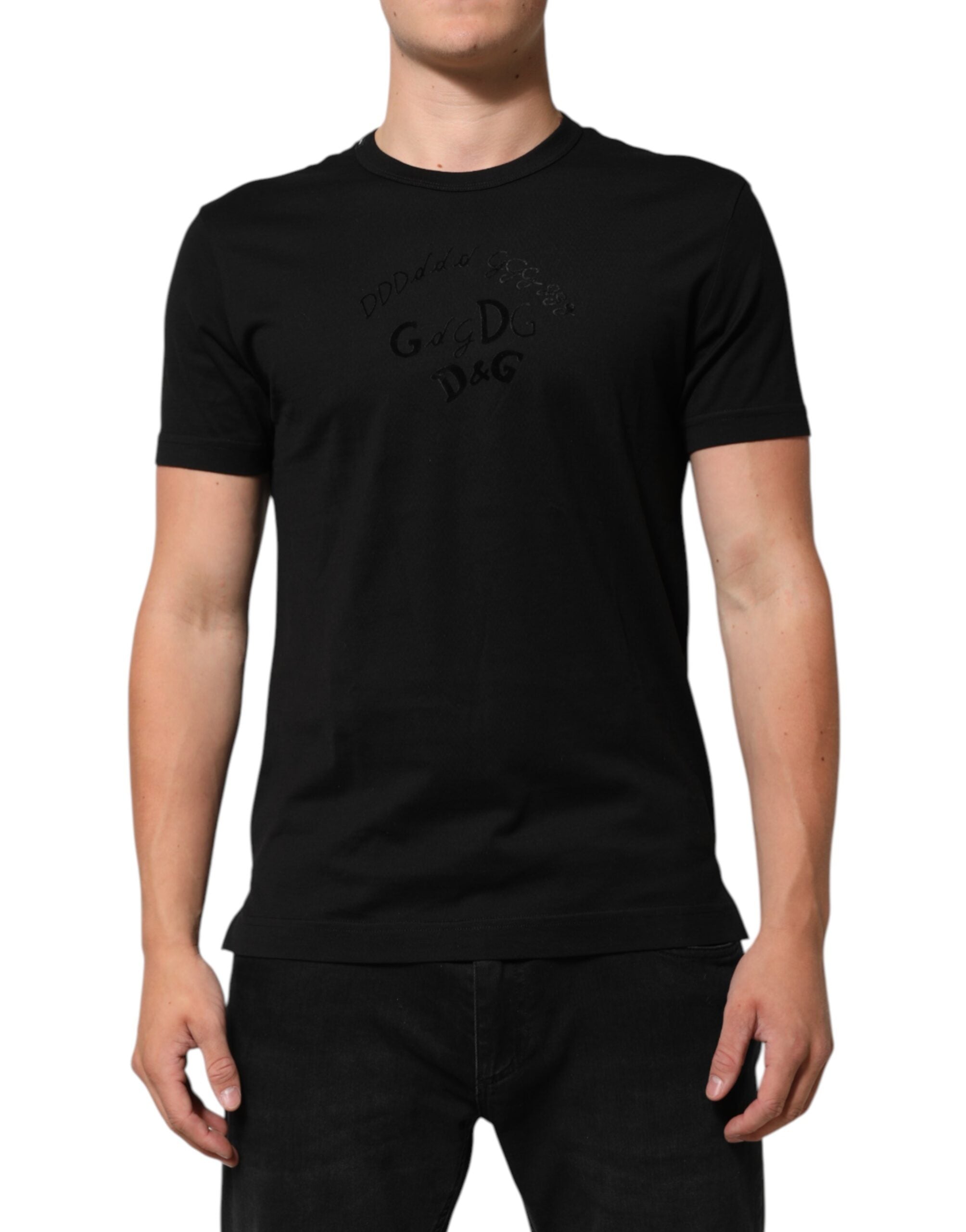Herren-T-Shirt aus schwarzem Baumwollsamt mit Logo-Print