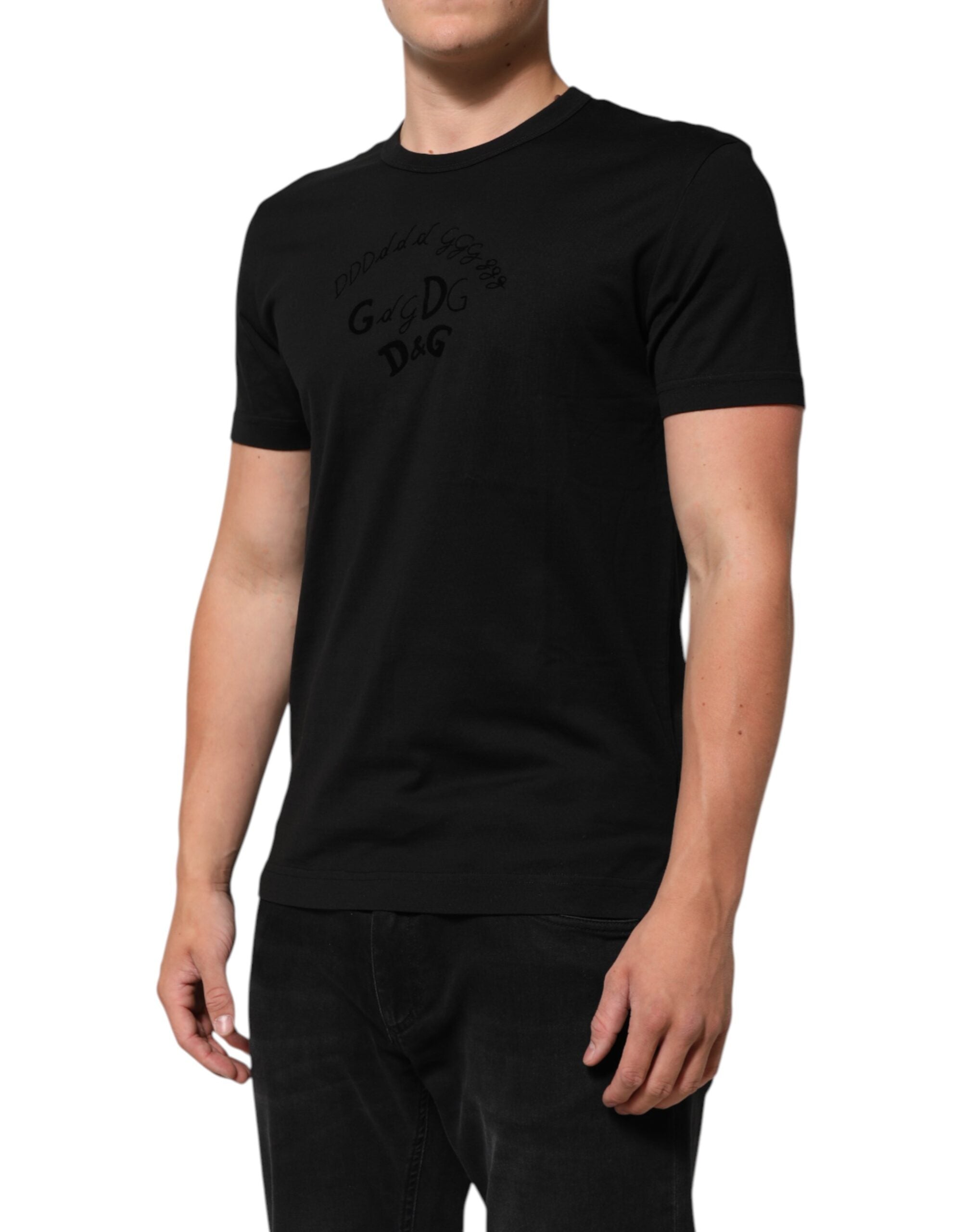 Herren-T-Shirt aus schwarzem Baumwollsamt mit Logo-Print