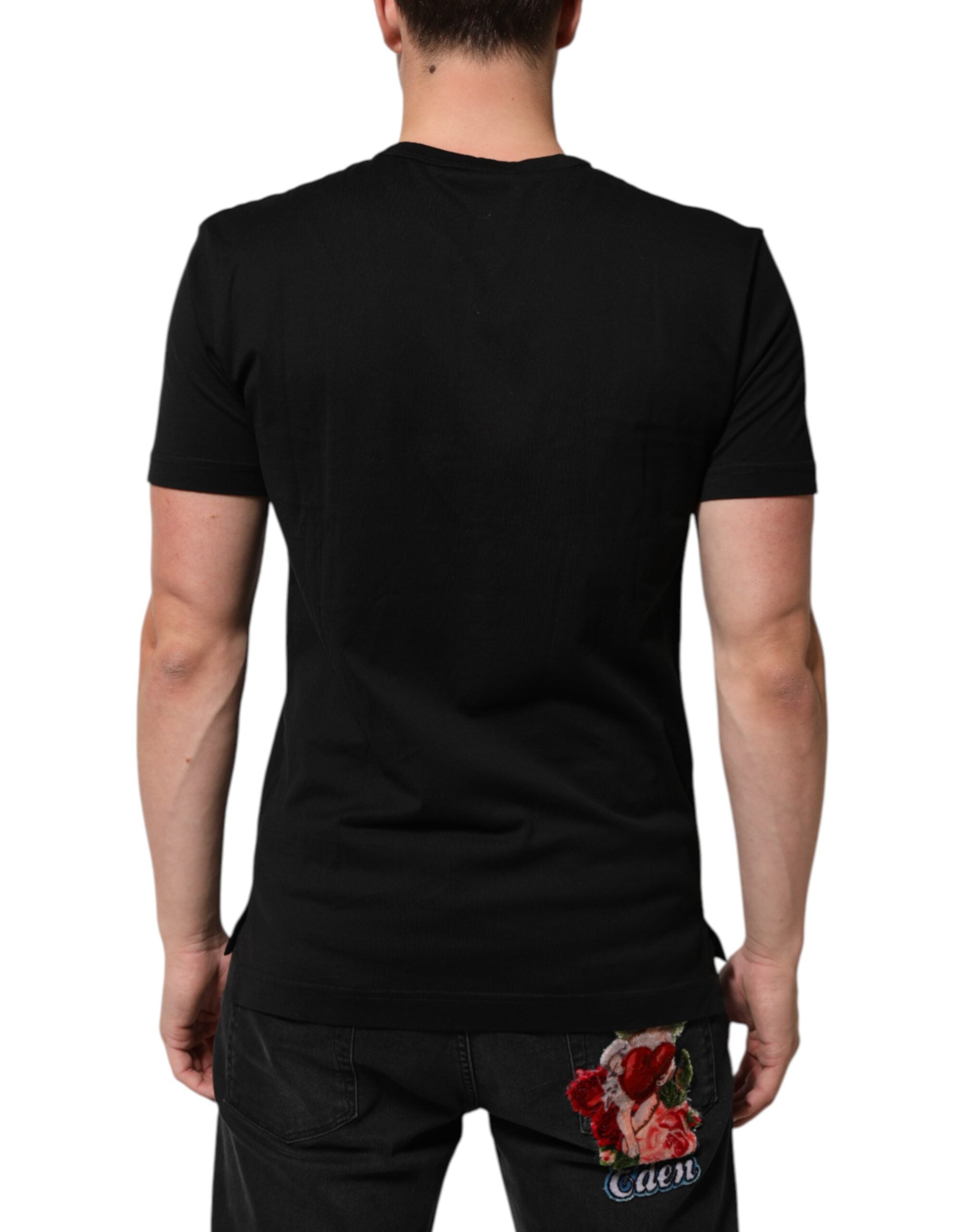 Herren-T-Shirt aus schwarzem Baumwollsamt mit Logo-Print