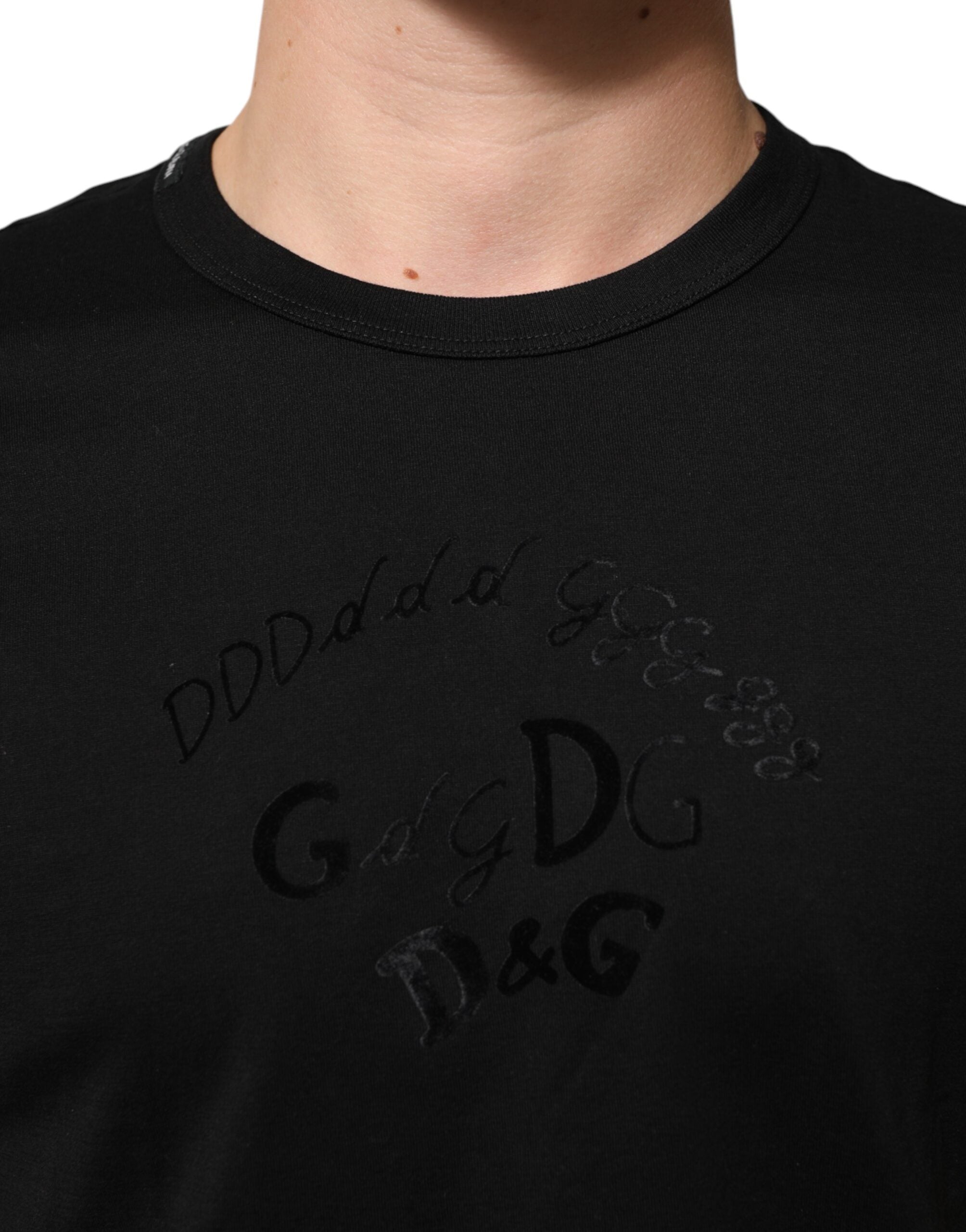 Herren-T-Shirt aus schwarzem Baumwollsamt mit Logo-Print