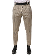 Beige-schwarz gestreifte Baumwollhose, schmale Passform