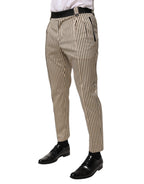 Beige-schwarz gestreifte Baumwollhose, schmale Passform