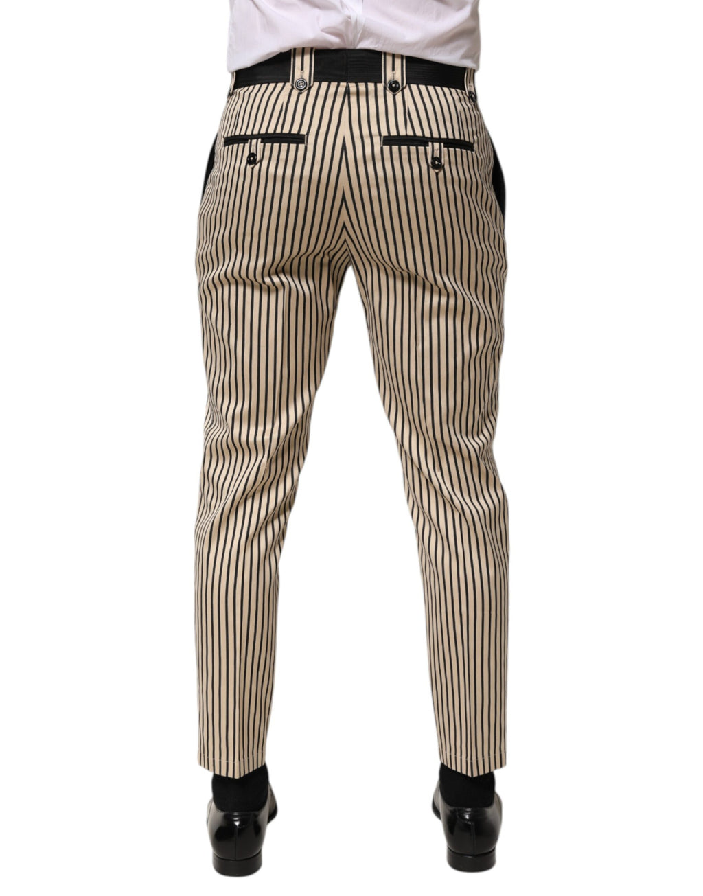Beige-schwarz gestreifte Baumwollhose, schmale Passform