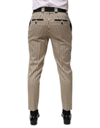 Beige-schwarz gestreifte Baumwollhose, schmale Passform