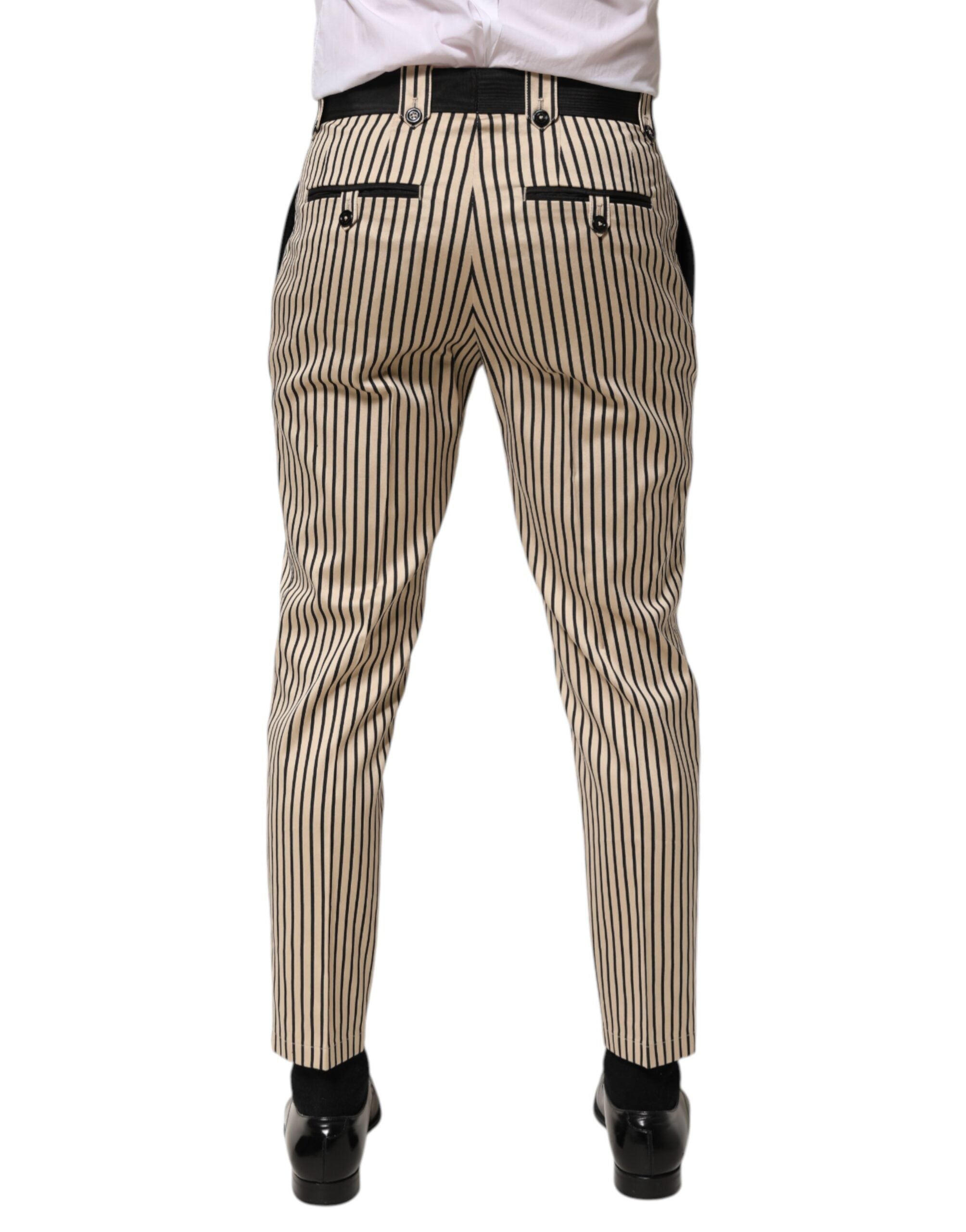 Beige-schwarz gestreifte Baumwollhose, schmale Passform