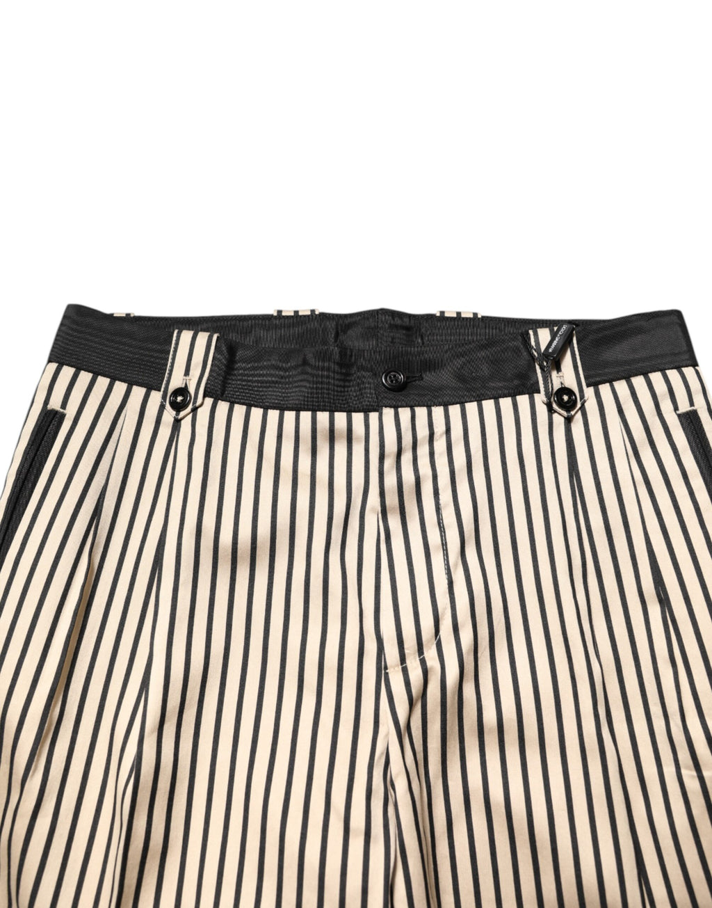 Beige-schwarz gestreifte Baumwollhose, schmale Passform