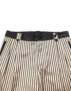 Beige-schwarz gestreifte Baumwollhose, schmale Passform