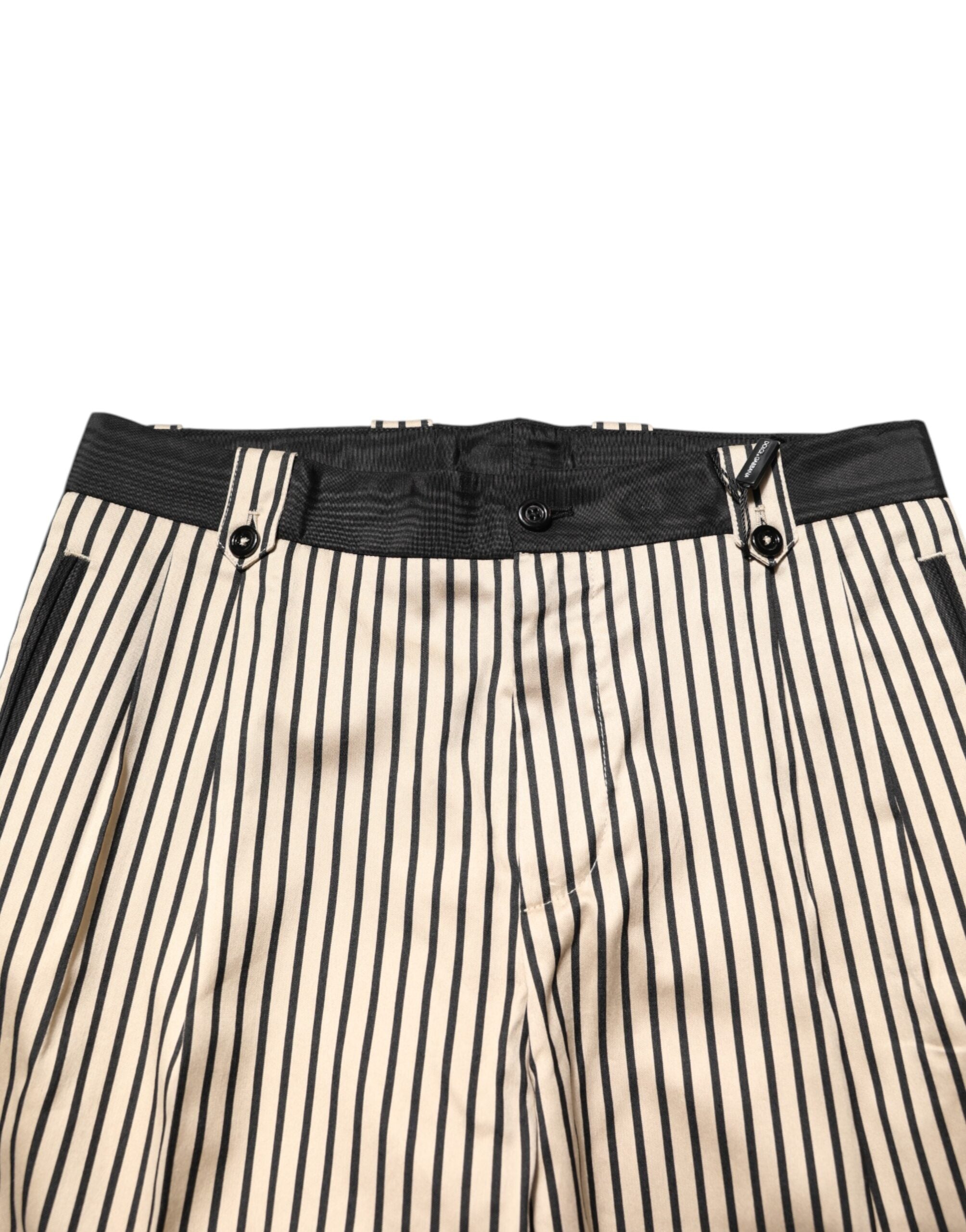 Beige-schwarz gestreifte Baumwollhose, schmale Passform