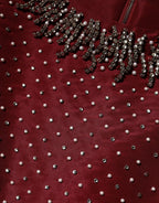 Burgundy Silk Beaded Evening Gown Dress