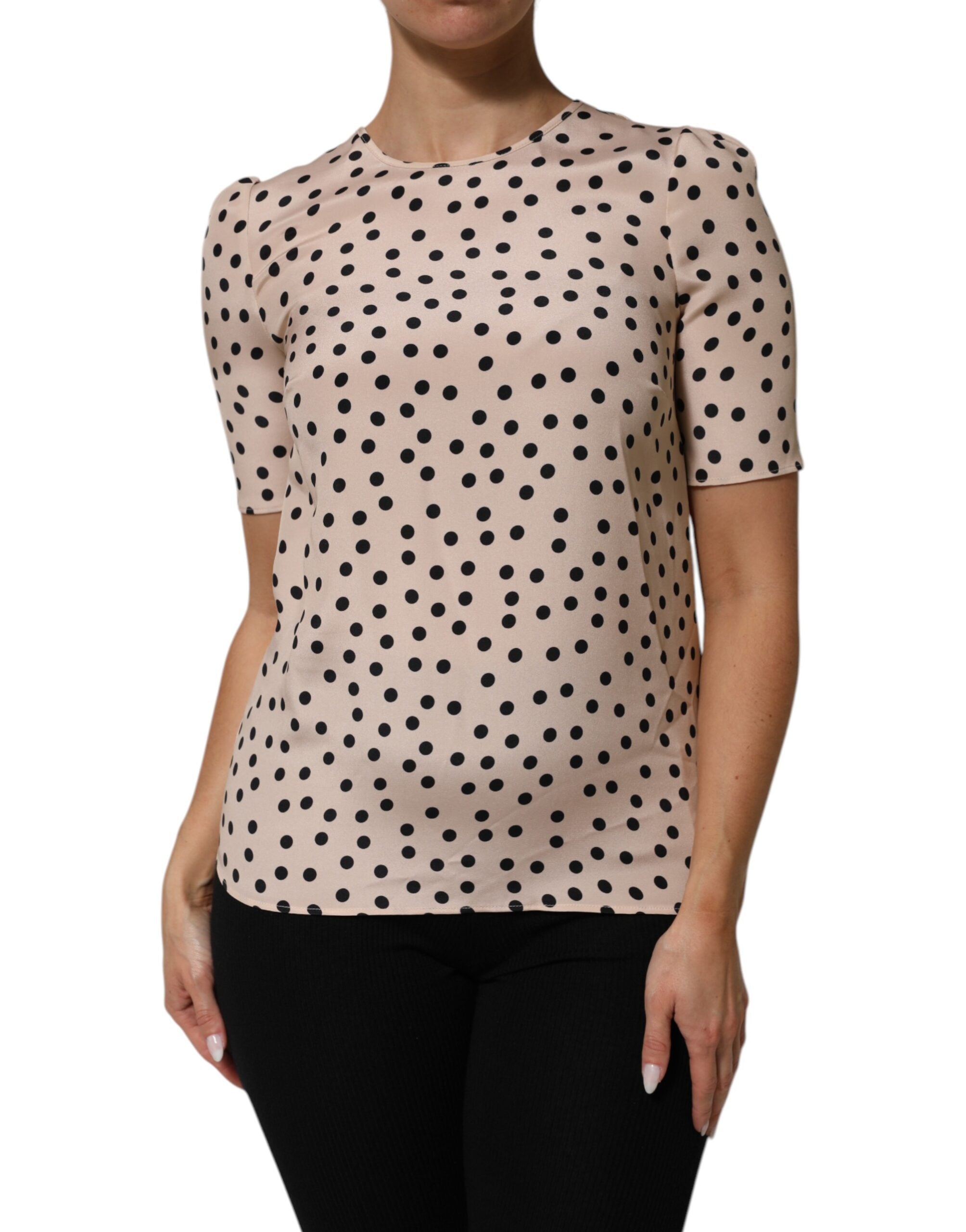 Beige Schwarze Gepunktete Seidenkurzarmbluse