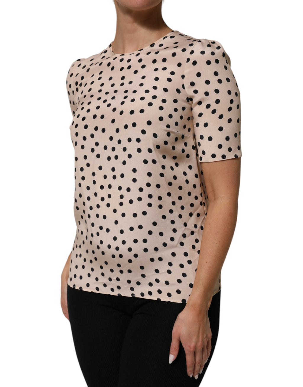 Beige Schwarze Gepunktete Seidenkurzarmbluse