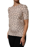 Beige Schwarze Gepunktete Seidenkurzarmbluse