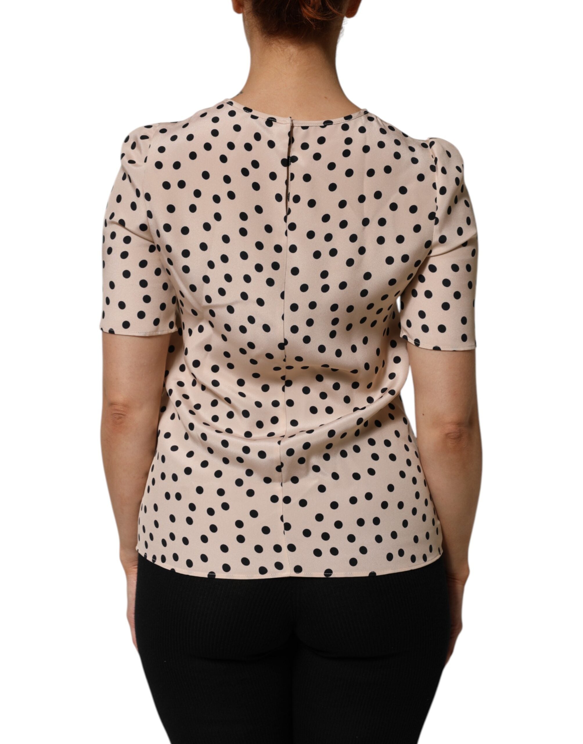 Beige Schwarze Gepunktete Seidenkurzarmbluse
