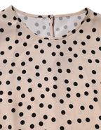 Beige Schwarze Gepunktete Seidenkurzarmbluse