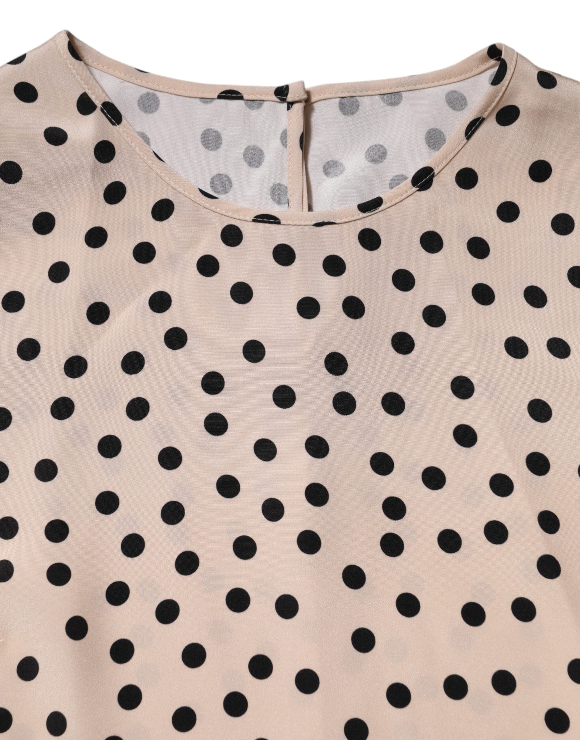 Beige Schwarze Gepunktete Seidenkurzarmbluse