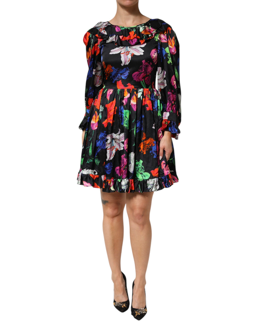Kleid Schwarz Mehrfarbig Blumen Rüschen Langarm Minikleid