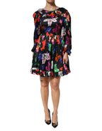 Kleid Schwarz Mehrfarbig Blumen Rüschen Langarm Minikleid