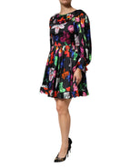 Kleid Schwarz Mehrfarbig Blumen Rüschen Langarm Minikleid