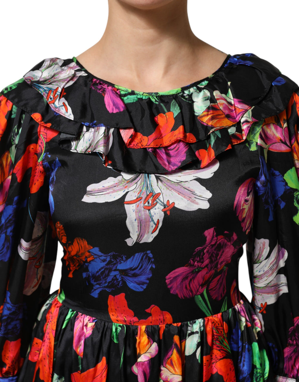 Kleid Schwarz Mehrfarbig Blumen Rüschen Langarm Minikleid