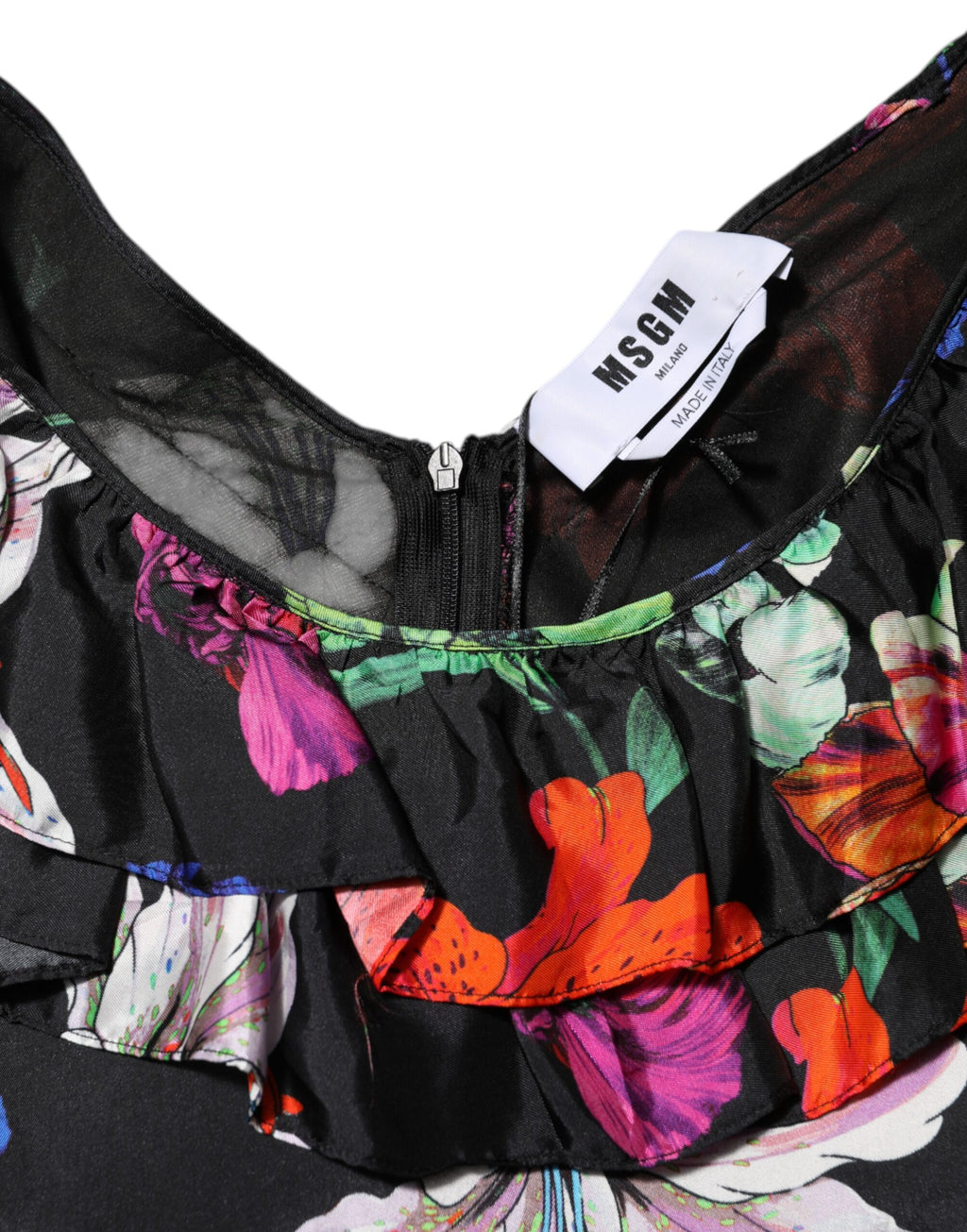 Kleid Schwarz Mehrfarbig Blumen Rüschen Langarm Minikleid
