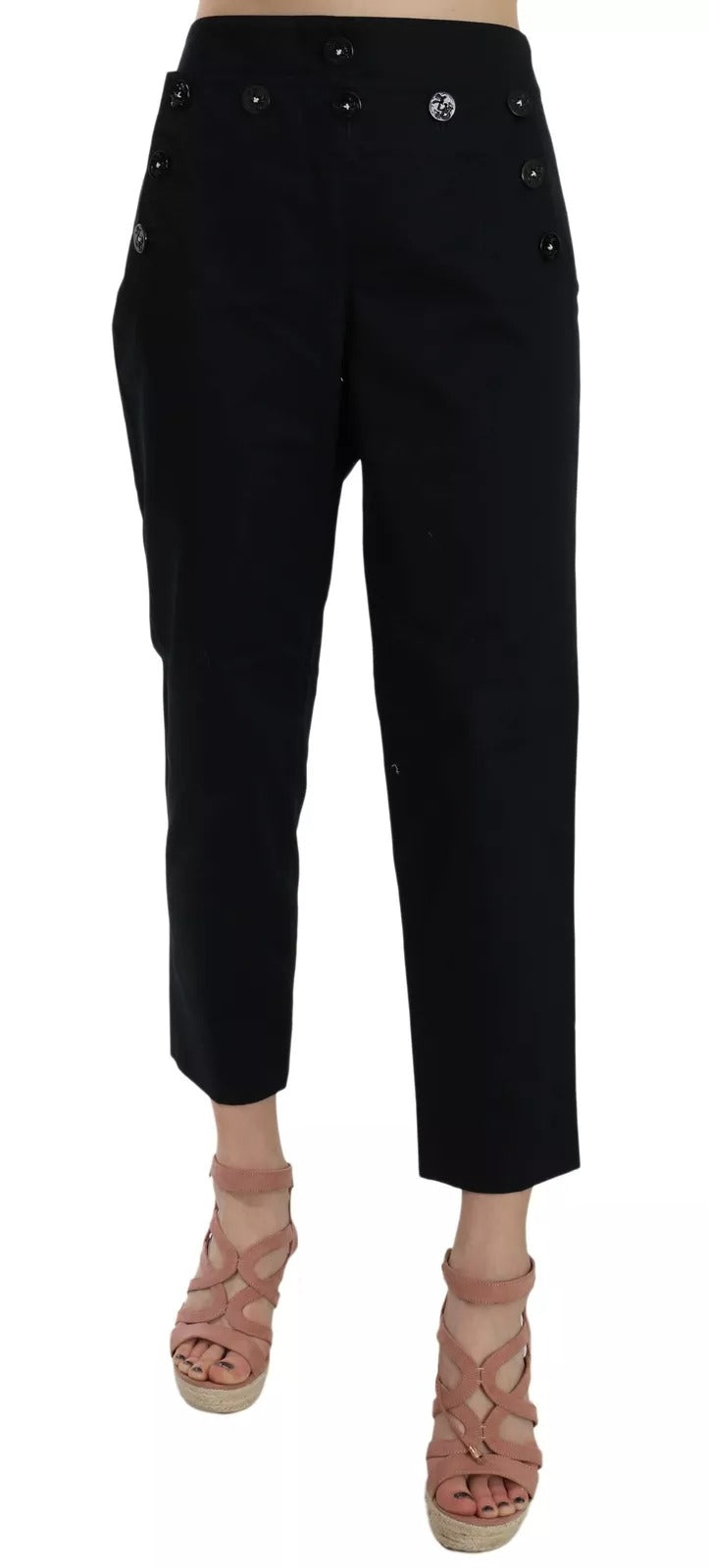 Schwarze Cropped Hose mit Knöpfen vorne und Verzierungen