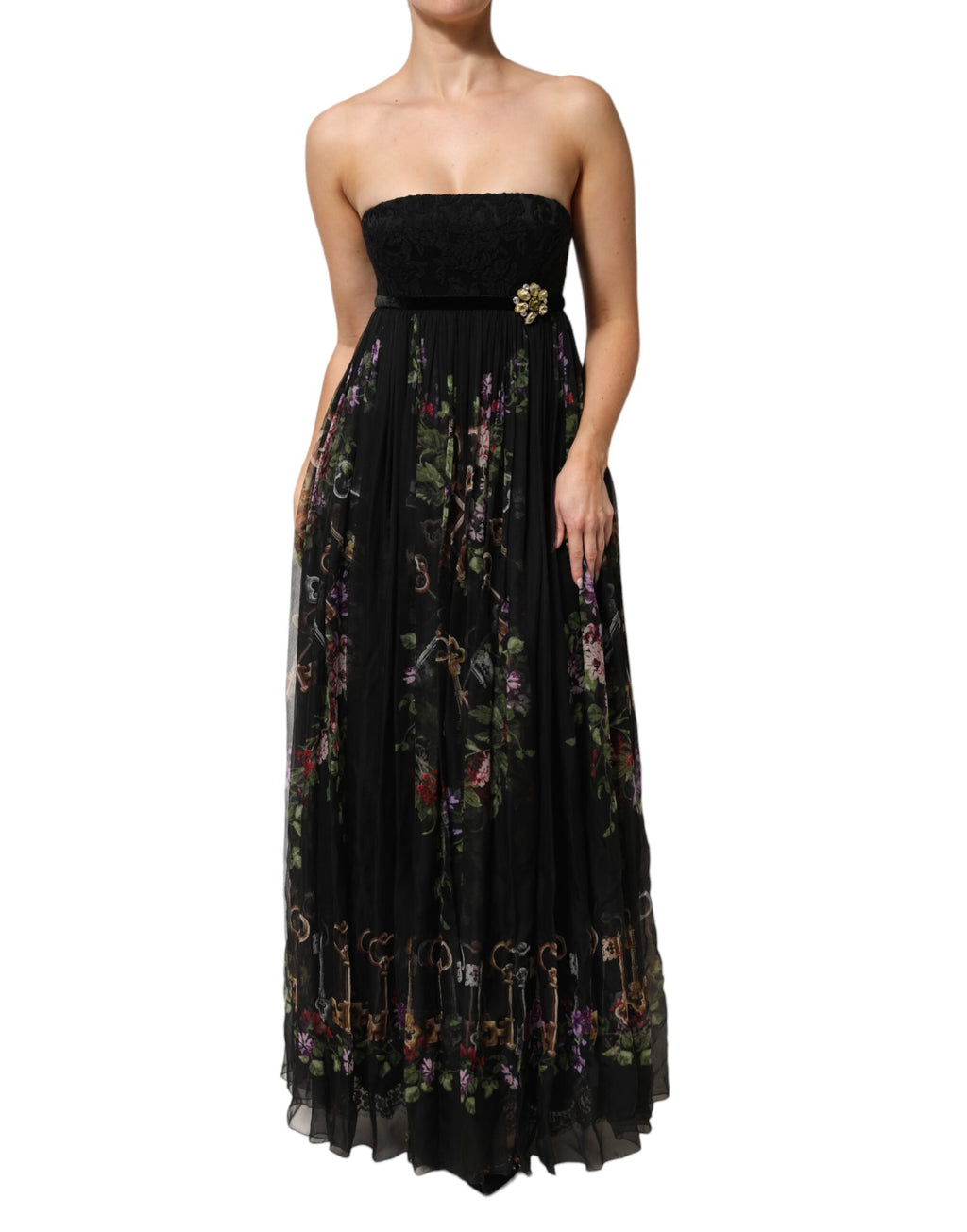Trägerloses Kleid mit schwarzem Blumenschlüsselmuster und Kristallen