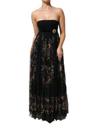 Trägerloses Kleid mit schwarzem Blumenschlüsselmuster und Kristallen