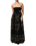 Trägerloses Kleid mit schwarzem Blumenschlüsselmuster und Kristallen