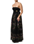 Trägerloses Kleid mit schwarzem Blumenschlüsselmuster und Kristallen