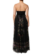 Trägerloses Kleid mit schwarzem Blumenschlüsselmuster und Kristallen