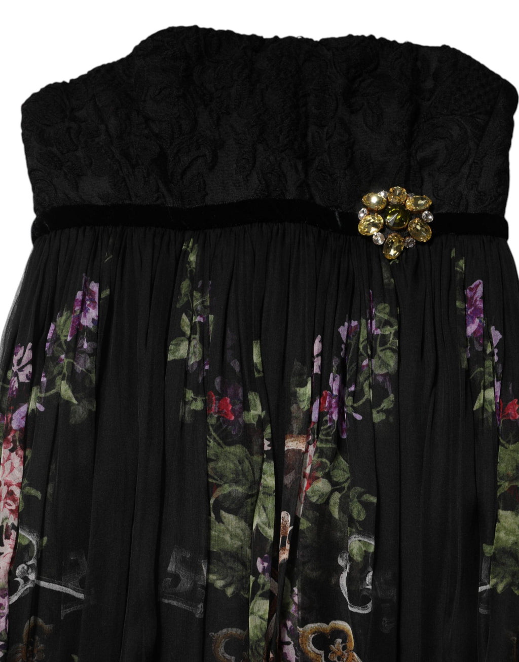 Trägerloses Kleid mit schwarzem Blumenschlüsselmuster und Kristallen