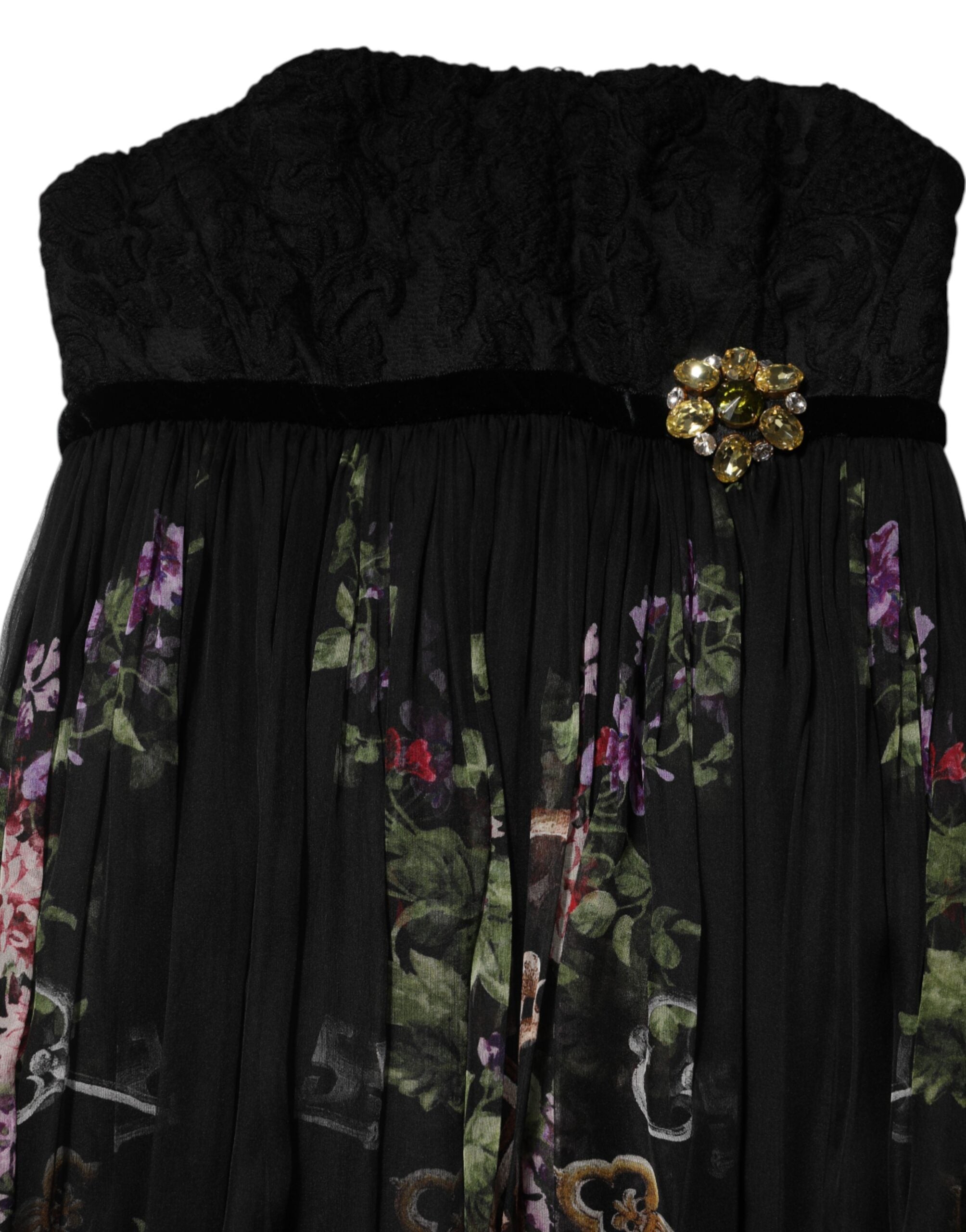 Trägerloses Kleid mit schwarzem Blumenschlüsselmuster und Kristallen