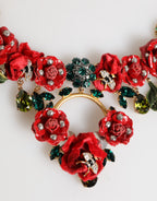 Statement-Halskette mit roten Rosen, Blumen und Kristallverzierung