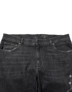 Black Cotton Slim Fit Distressed Ripped Logo Jeans