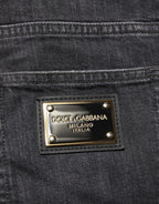 Black Cotton Slim Fit Distressed Ripped Logo Jeans