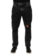 Black Washed Distressed Loose Jeans aus Baumwolldenim