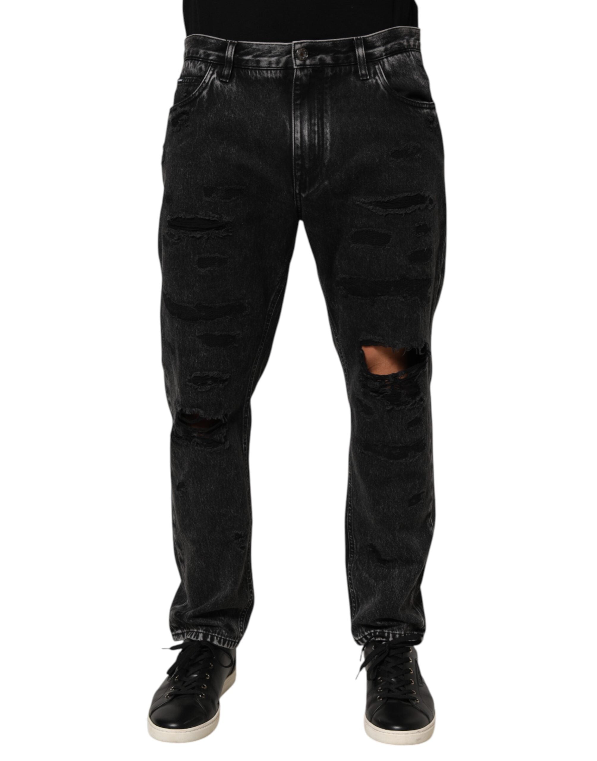 Black Washed Distressed Loose Jeans aus Baumwolldenim