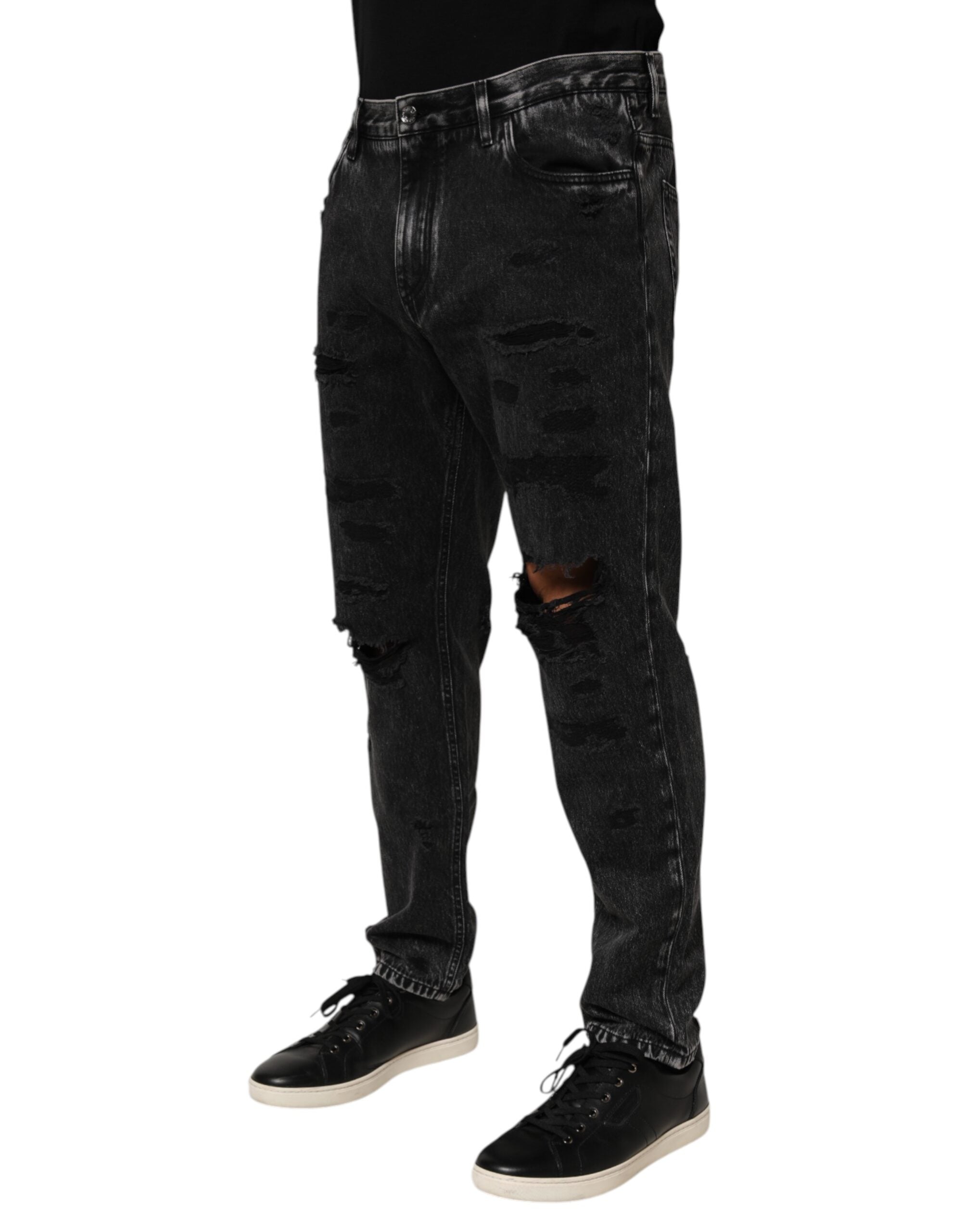 Black Washed Distressed Loose Jeans aus Baumwolldenim