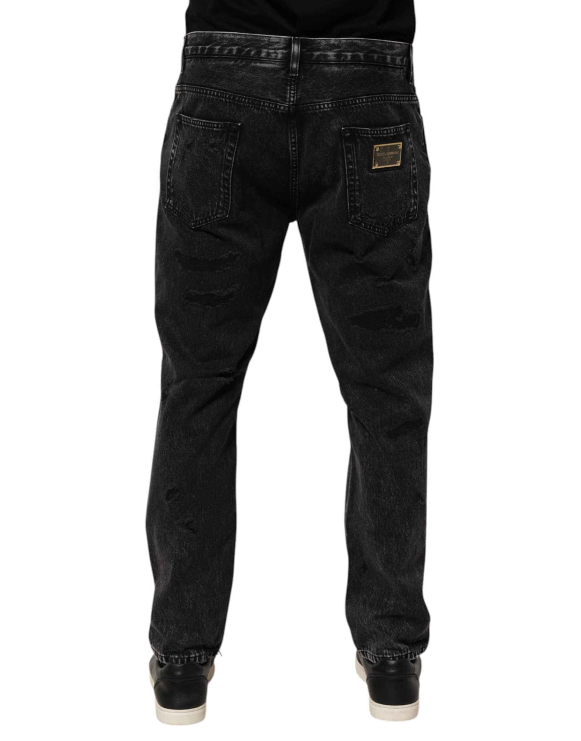 Black Washed Distressed Loose Jeans aus Baumwolldenim