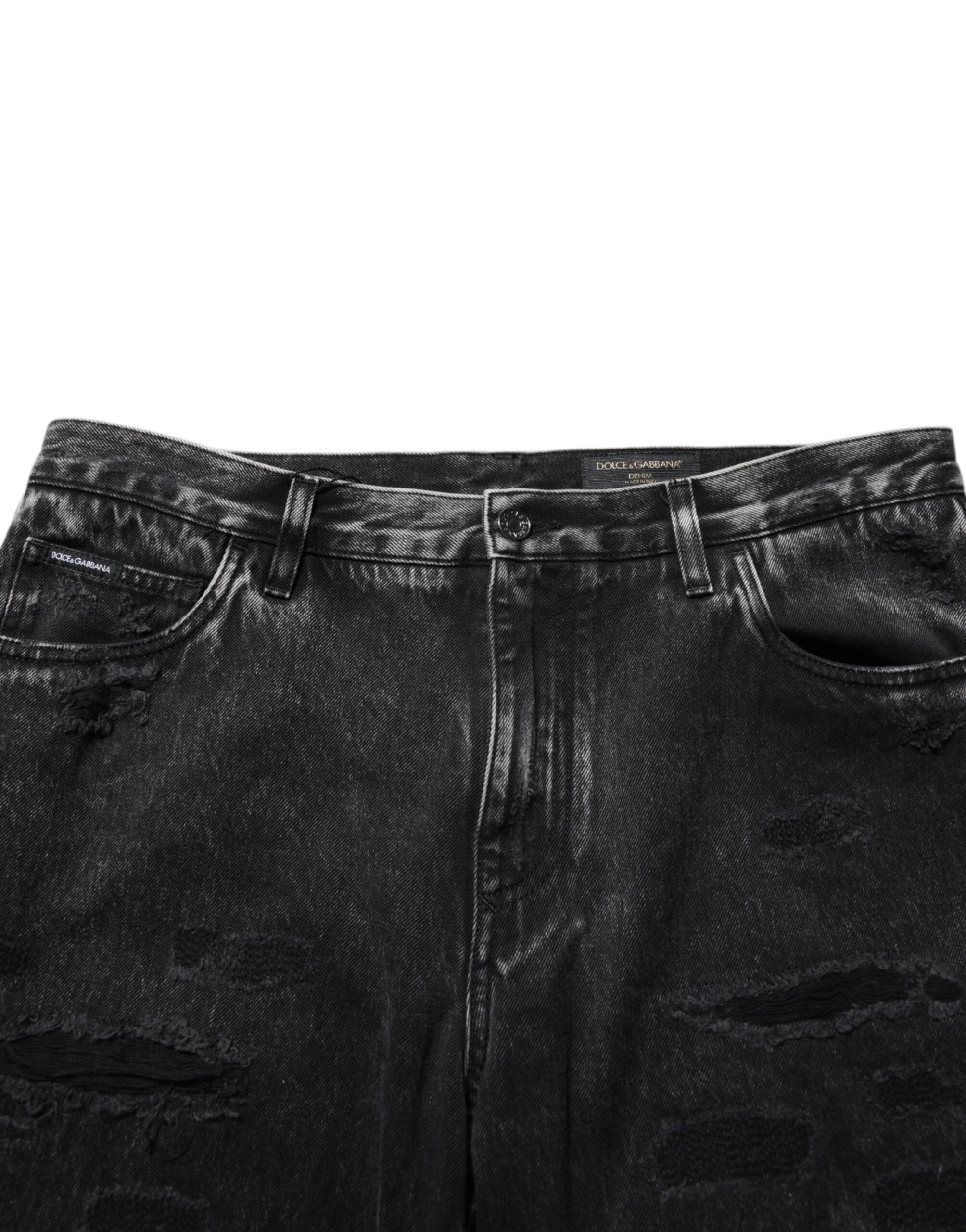 Black Washed Distressed Loose Jeans aus Baumwolldenim