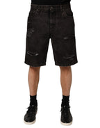 Black Cotton Tattered Denim Men's Bermuda Shorts