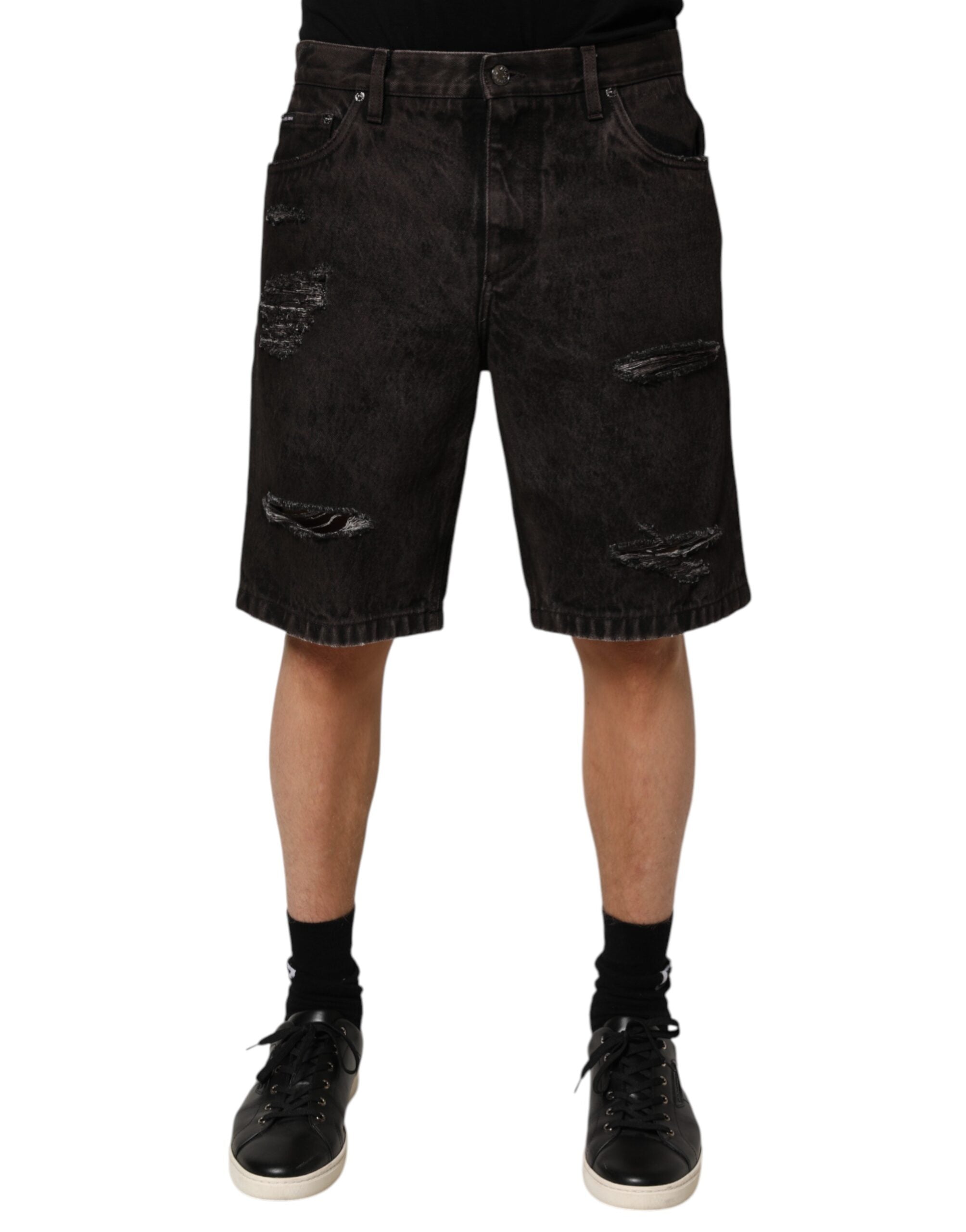 Black Cotton Tattered Denim Men's Bermuda Shorts