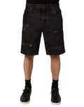 Black Cotton Tattered Denim Men's Bermuda Shorts
