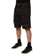Black Cotton Tattered Denim Men's Bermuda Shorts