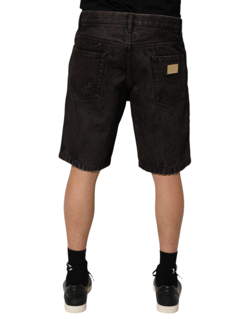 Black Cotton Tattered Denim Men's Bermuda Shorts