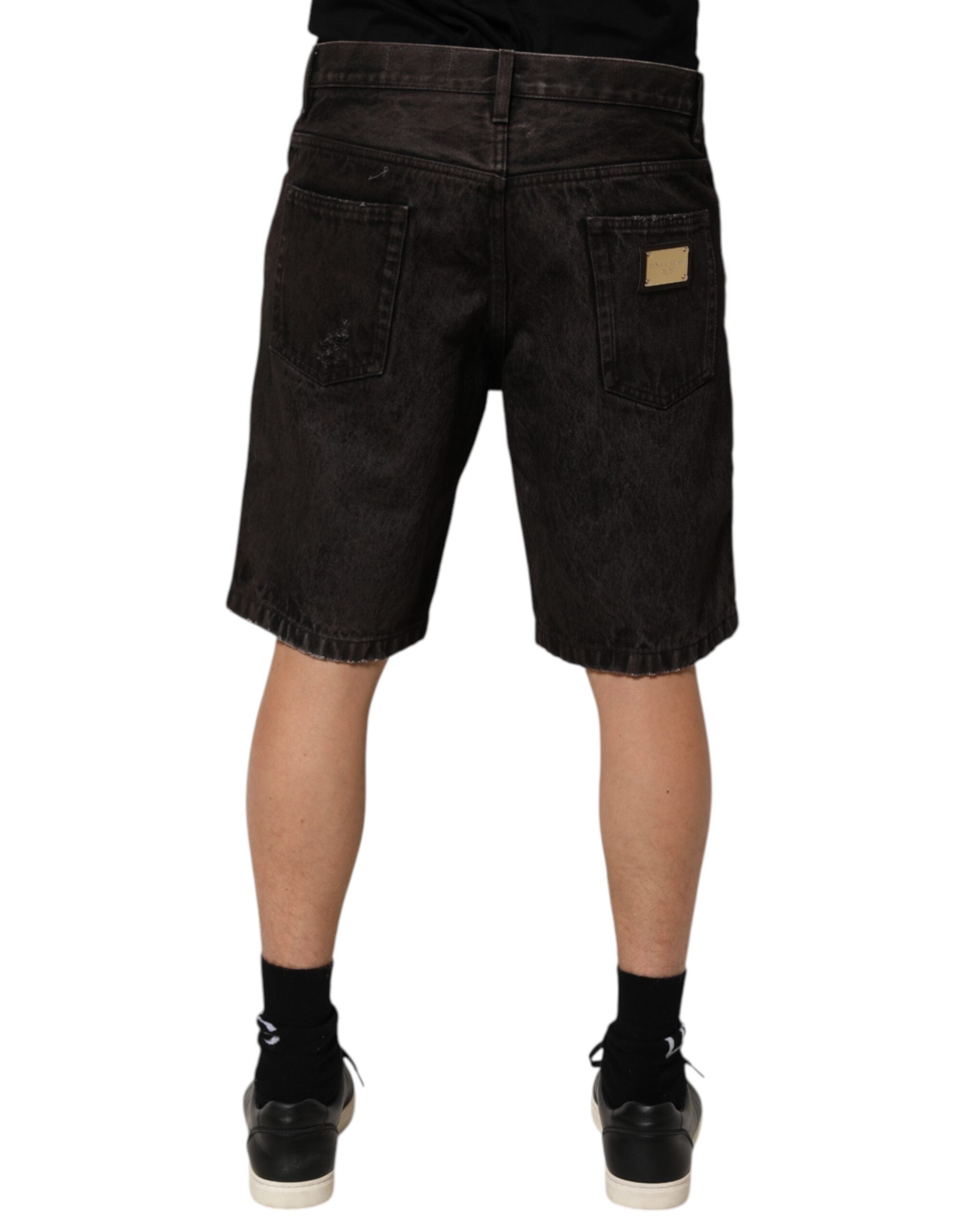 Black Cotton Tattered Denim Men's Bermuda Shorts