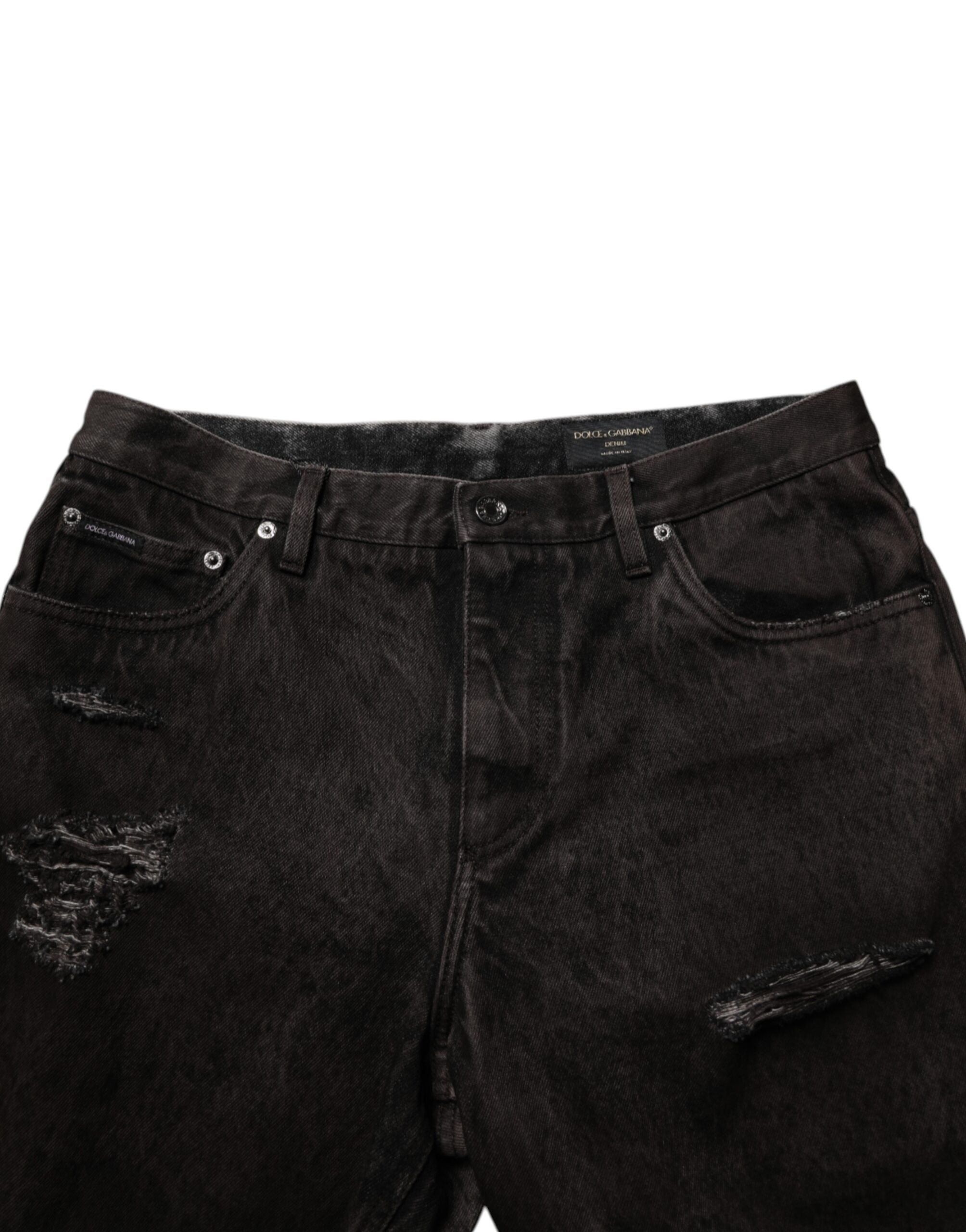 Black Cotton Tattered Denim Men's Bermuda Shorts