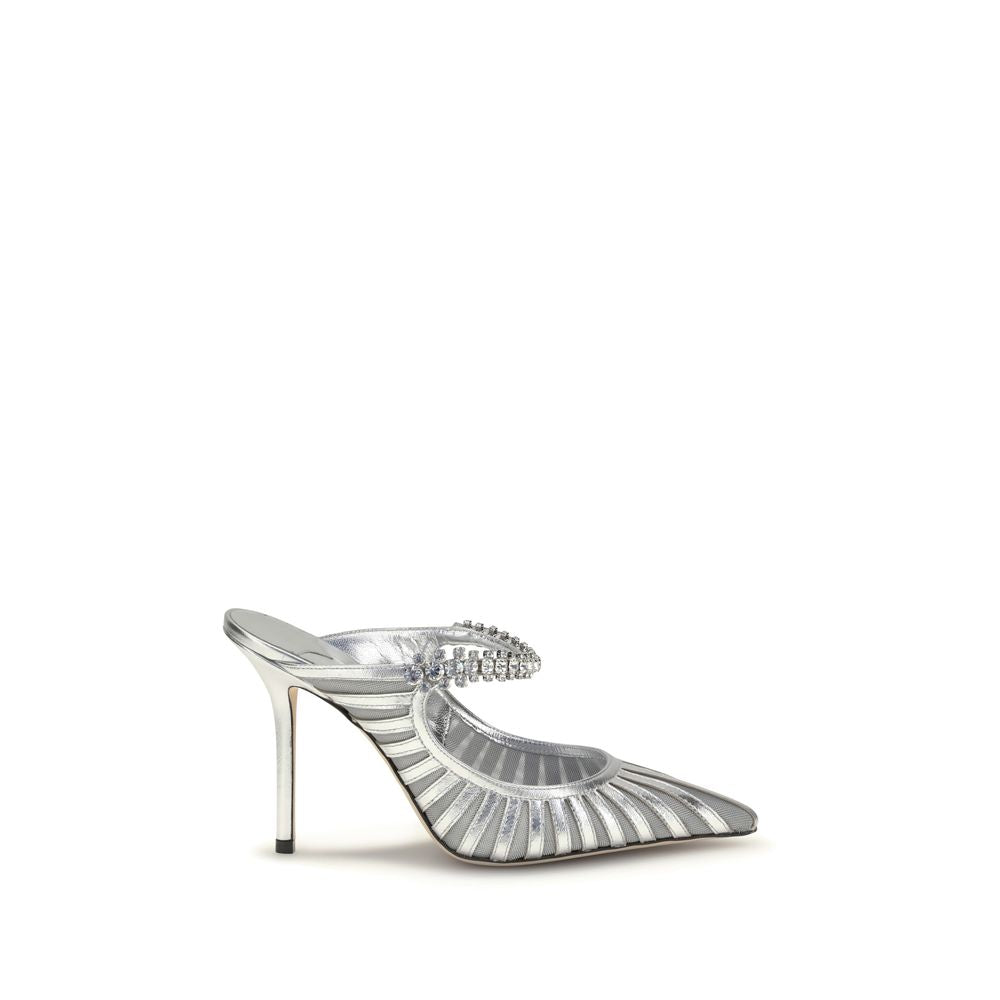 Silberne Pumps aus Leder mit hohem Absatz